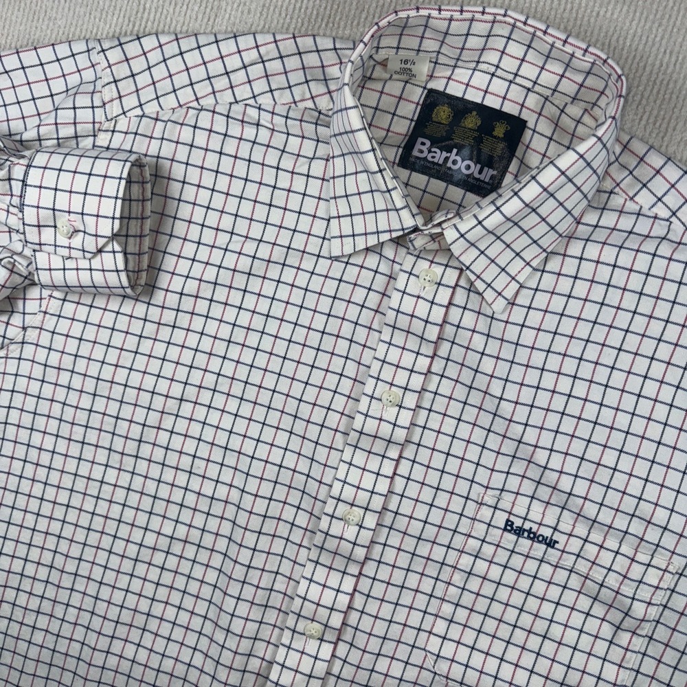 Barbour Mens Tattersall Check Button Down Shirt 16.5 Cream Navy Made in England